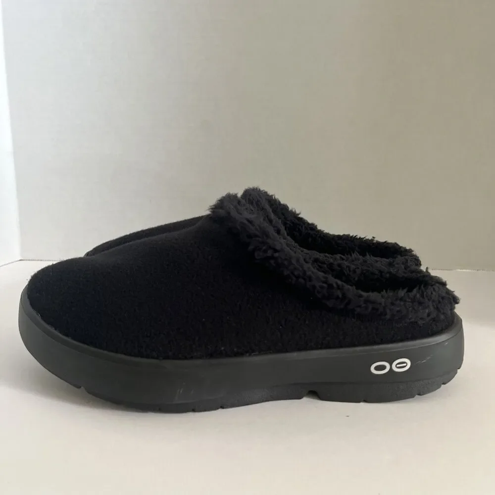 OOFOS OOmg Luxe Clog Men Black Brand New Recovery Faux Fur Slipper Comfort SZ 10